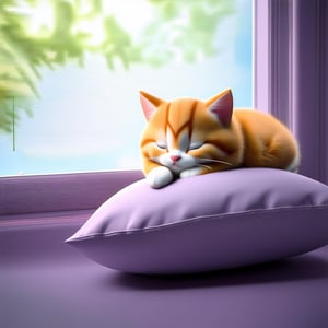 Create a 3D cartoon-style render of a cute kitten sleeping peacefully by a window. The kitten is curled up in a fluffy, cozy ball, with its paws tucked under its chin. The window is slightly open, letting in a gentle breeze and soft, natural light that illuminates the room. The scene is set in a cheerful, pastel-colored room with playful decorations and a comfortable cushion for the kitten. The lighting is soft and warm, highlighting the kitten's serene expression and the tranquil atmosphere of the scene.