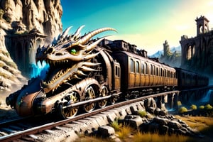 Oriental express running through scenic mountains with waterfall, ruins, wasteland style, cinematic lighting, sunset, 8k, HDR, ambient occlusion,dragon train