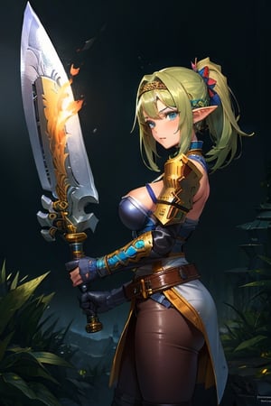 (CGgame weaponicon esw:1.5) CGgameweaponicon esw, weapon,  sword, glowing, solo, from side,huge weapon, gem,still life, holding sword, huge breasts, (masterpiece), best quality, expressive eyes, perfect face, A colorful and lively illustration inside a forest at night, campfire, Shadowheart huge breasts, fantasy armor, black hair, braided ponytail, circlet, elf, pointy ears, ,CGgame weaponicon esw