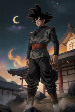 Goku Black [Dragon Ball Super], standing, crescent moon background, Japanese temple