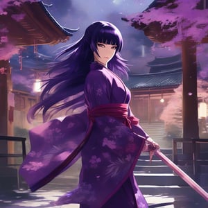 anime, Raiden Shogun Genshin Impact anime style dressed in purple kimono, in Japanese Temple courtyard 