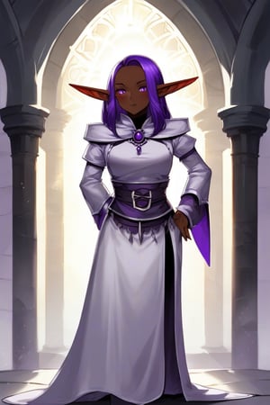 Dark elf, purple hair, white healer robe, ebony skin, dark skin, cathedral background, darkelfrpg