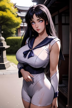 huge breasts, ,wet hair,sailor scout sailor moon cosplay sfw, hair pin,HinataHyuugaNDV, Japanese shrine outdoors