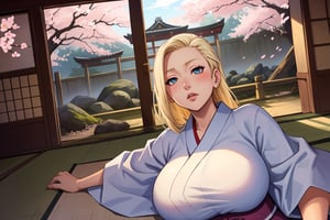 (masterpiece), best quality, expressive eyes, perfect face,  white kimono gigantic breasts, yamanaka ino, view from top under cherry blossoms in abandoned japanese temple ruins, sfw, sleeping on back, underbody 