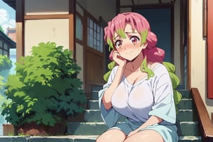 score_9, score_8_up, score_7_up, 8k high definition, Mitsuri Kanroji, gradient hair, pink hair, green hair, white tshirt, huge natural breasts, shy embarrassed smile, sitting on stairs in front of house of detailed Japanese classical street background, sfw,mitsuri, huge breasts