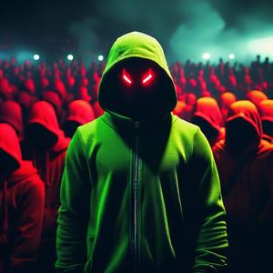 A MAN STANDING IN THE MIDDLE OF A CROWD WEARING A OVERALL, HOOD AND A LIME GREEN MASK WITH LARGE RED EYES, dark fantasy, 4k cinematic, octane render

