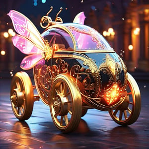 a beetle with disney princess style carriage wheels, insect, fantasy, highly detailed, 8k, photorealistic, cinematic lighting, warm color tones, intricate details, masterpiece, studio lighting
