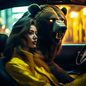 a hideous animal with a bear's face and lion's hair and a man's body, ocatane render, dark fantasy, cinematic lighting, digital Art, beautiful detailed intricate insanely detailed octane render 8 k artistic photography, photorealistic concept art, natural volumetric cinematic perfect light, masterpiece. cyberpunk taxi driver woman in yellow clothes,sci-fi, natural volumetric, horror movie, mistery, dark fantasy 4K uhd lens