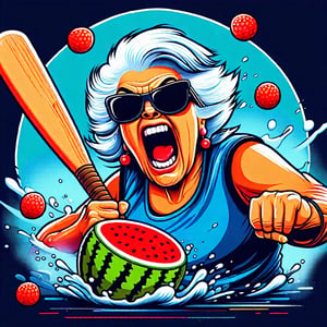 A CARICATURE OF AN ANGRY OLD LADY WEARING A BIKER VEST CRUSHING A WATERMELON WITH A BASEBALL BAT