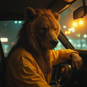 a hideous animal with a bear's face and lion's hair and a man's body, ocatane render, dark fantasy, cinematic lighting, digital Art, beautiful detailed intricate insanely detailed octane render 8 k artistic photography, photorealistic concept art, natural volumetric cinematic perfect light, masterpiece. cyberpunk taxi driver woman in yellow clothes,sci-fi, natural volumetric, horror movie, mistery, dark fantasy 4K uhd lens