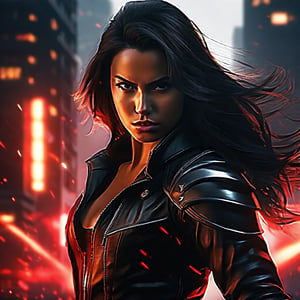 detailed portrait of a fierce female warrior, one girl, muscular physique, intense expression, long dark hair, piercing eyes, sharp facial features, wearing black leather jacket, striking a fighting pose, dramatic lighting, gritty urban background, shades of black and red, cinematic, hyper-realistic, 8k, award winning digital art