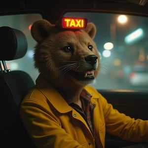 a hideous animal with a bear's face and lion's hair and a man's body, ocatane render, dark fantasy, cinematic lighting, digital Art, beautiful detailed intricate insanely detailed octane render 8 k artistic photography, photorealistic concept art, natural volumetric cinematic perfect light, masterpiece. cyberpunk taxi driver woman in yellow clothes,sci-fi, natural volumetric, horror movie, mistery, dark fantasy 4K uhd lens