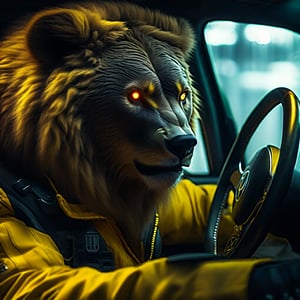 a hideous animal with a bear's face and lion's hair and a man's body, ocatane render, dark fantasy, cinematic lighting, digital Art, beautiful detailed intricate insanely detailed octane render 8 k artistic photography, photorealistic concept art, natural volumetric cinematic perfect light, masterpiece. cyberpunk taxi driver woman in yellow clothes,sci-fi, natural volumetric, horror movie, mistery, dark fantasy 4K uhd lens