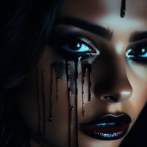 a crying woman, detailed face, beautiful detailed eyes, beautiful detailed lips, extremely detailed face and eyes, long eyelashes, crying tears, black tears, dark makeup, dark clothing, somber mood, dramatic lighting, cinematic, moody, dark and atmospheric, chiaroscuro, dramatic contrast, high quality, 8k, hyper detailed, masterpiece
