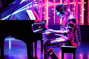 A TRANSLUCENT CYBORG DRESSED AS MOZART PLAYING A PIANO, volumetric lighting, beautiful, rich deep colors masterpiece, sharp focus, ultra detailed, in the style of dan mumford and marc simonetti, astrophotography