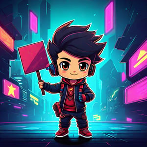 CHIBI CYBERPUNK BOY HOLDING A BLANK SIGN OVER HIS HEAD