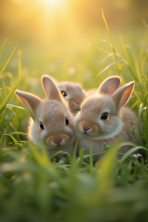 A close-up shot of baby rabbits nestled together in a field of soft, green grass, with a gentle, warm sunlight illuminating their fluffy fur. The composition focuses on the rabbits' peaceful expressions, with the grass framing their bodies and creating a natural, serene background. The scene captures a moment of tranquility, with the rabbits' delicate features and the lush greenery creating a harmonious, calming atmosphere.