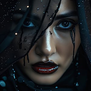 a crying woman, detailed face, beautiful detailed eyes, beautiful detailed lips, extremely detailed face and eyes, long eyelashes, crying tears, black tears, dark makeup, dark clothing, somber mood, dramatic lighting, cinematic, moody, dark and atmospheric, chiaroscuro, dramatic contrast, high quality, 8k, hyper detailed, masterpiece
