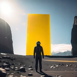 a ground view from the back of an astronaut in a black suit in front of a yellow mysterious monolith, 35mm photograph, film, bokeh, professional, 4k, highly detailed",