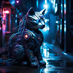 A mysterious cyberpunk cat with silver fur and a long robotic tail, its eyes are illuminated by intense blue LEDs, the face features intricate biomechanical details such as metal implants and visible circuitry, the environment is a dark, dank alley filled with loose wires and exposed pipes, amid mist and rain, creating a dark and enigmatic atmosphere, sculpture, sculpted and painted clay, --ar 9:16