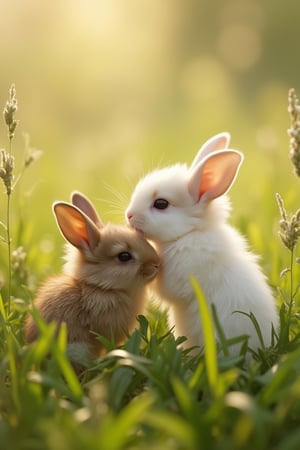 A close-up shot of baby rabbits nestled in a field of soft, green grass, with a gentle morning light illuminating their fluffy fur. The composition focuses on the rabbits' playful poses, with blades of grass framing the scene. The location is a serene meadow, with a soft, natural background.