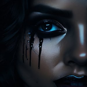 a crying woman, detailed face, beautiful detailed eyes, beautiful detailed lips, extremely detailed face and eyes, long eyelashes, crying tears, black tears, dark makeup, dark clothing, somber mood, dramatic lighting, cinematic, moody, dark and atmospheric, chiaroscuro, dramatic contrast, high quality, 8k, hyper detailed, masterpiece
