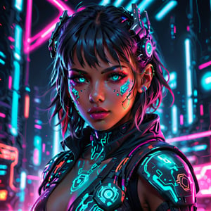 a cyberpunk cyborg girl, beautiful detailed eyes, beautiful detailed lips, extremely detailed face and skin, long eyelashes, futuristic neon lights, glowing circuit board patterns, dynamic pose, digital art, cinematic lighting, vivid colors, 8k, high resolution, hyper detailed, photorealistic, award winning concept art
