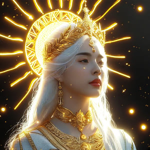 white hair sun queen partially golden face dark fantasy 4k cinematic octane render