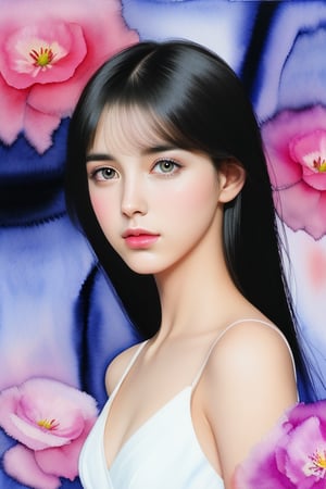 (masterpiece), realistic, (portrait of a girl), beautiful face, sunlight, cinematic light, bangs, a beautiful woman, beautiful eyes, black hair, perfect anatomy, very cute, princess eyes , (black eyes) , (frame the head), Centered image, stylized, bioluminescence, 8 life size,8k Resolution, white low-cut dress with small blue details, human hands, wonder full, elegant, approaching perfection, dynamic, highly detailed, character sheet, concept art, smooth, facing directly at the viewer positioned so that their body is symmetrical and balanced, stunningly beautiful teenage girl, detailed hairstyle,1girl,flower, Lisianthus ,in the style of light pink and light azure, dreamy and romantic compositions, pale pink, ethereal foliage, playful arrangements,fantasy, high contrast, ink strokes, explosions, over exposure, purple and red tone impression , abstract, ((watercolor painting by John Berkey and Jeremy Mann )) brush strokes, negative space,