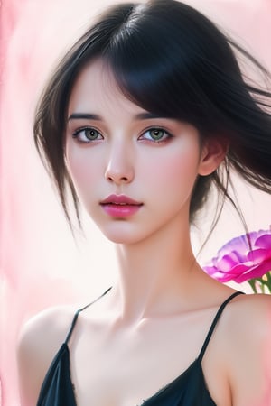 (masterpiece), realistic, (portrait of a girl), beautiful face, sunlight, cinematic light, bangs, a beautiful woman, beautiful eyes, black hair, perfect anatomy, very cute, princess eyes , (black eyes) , (frame the head), Centered image, stylized, bioluminescence, 8 life size,8k Resolution, white low-cut dress with small blue details, human hands, wonder full, elegant, approaching perfection, dynamic, highly detailed, character sheet, concept art, smooth, facing directly at the viewer positioned so that their body is symmetrical and balanced, stunningly beautiful teenage girl, detailed hairstyle,1girl,flower, Lisianthus ,in the style of light pink and light azure, dreamy and romantic compositions, pale pink, ethereal foliage, playful arrangements,fantasy, high contrast, ink strokes, explosions, over exposure, purple and red tone impression , abstract, ((watercolor painting by John Berkey and Jeremy Mann )) brush strokes, negative space,
