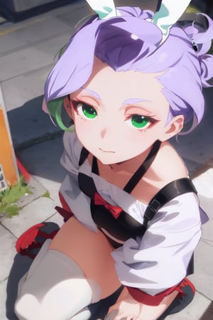 short hair,lilac hair,green eyes,eyes with shadow, bunny custome