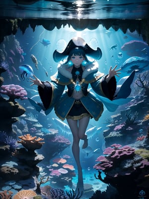 1girl, colossal, facial mark, light particles, depth of field, dark seas, water, underwater, sea foliage foreground, colorful, underwater cave, dripstone, stalactite, stalagmite, pirate hat, buccaneer, fur-trimmed cape, hoop earrings, corals, sea anemone, sea weed, coral reef scenery, golden treasure, golden pile, water caustics, glowing jellyfish, bubbles, treasure chest, from above, close-up, highres,