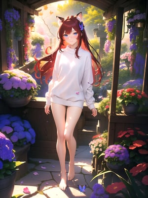 masterpiece, best quality, highres booru, 1girl, solo, abstract,
scenery, depth of field, rim lighting, flowers, petals, butterfly, vegetation,
raifu, dark red hair, straight hair, blue eyes, cat ears, blush, full body,
(medium breasts:0.8), mature female, white sweater, slight smile,