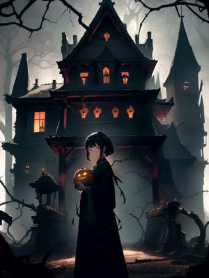 a girl in a Halloween costume, standing in front of a haunting house adorned with eerie decorations. The girl's costume is inspired by the mystical and macabre, with dark colors, flowing fabric, and intricate details. She holds a carved pumpkin, its flickering candle casting an eerie glow on her face. The haunting house behind her is dilapidated, with broken windows and overgrown vines, creating a spooky atmosphere. Shot with a Sony A7 III, Fujifilm Velvia 50 film, 35mm lens, capturing the haunting beauty of the scene with rich colors and sharp details.,highres