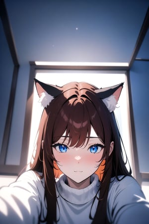 very aesthetic, masterpiece, best quality, newest, 1girl, solo, cat ears, raifu, straight hair, long hair, cat ears, white ear puff, white sweater, pov, safe, close-up,