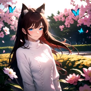 masterpiece, best quality, highres booru, 1girl, solo, depth of field, rim lighting, flowers, petals, crystals, butterfly, scenery, upper body,
raifu, dark red hair, straight hair, long hair, blue eyes, cat ears, (medium breasts:0.8), mature female, white sweater, blush, slight smile,