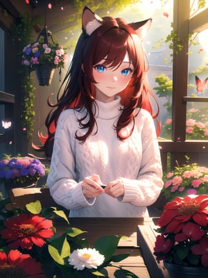 masterpiece, best quality, highres booru, 1girl, solo, abstract,
scenery, depth of field, rim lighting, flowers, petals, butterfly, vegetation,
raifu, dark red hair, straight hair, blue eyes, cat ears, blush,
(medium breasts:0.8), mature female, white sweater, slight smile,