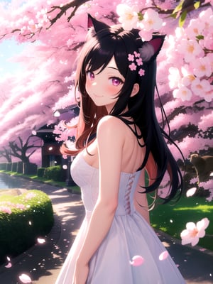 very aesthetic, masterpiece, 1girl, solo, cat ears, long hair, looking at viewer, blush, light smile, cherry blossoms, scenery, flowers, petals, dress, bare shoulders,highres,booru