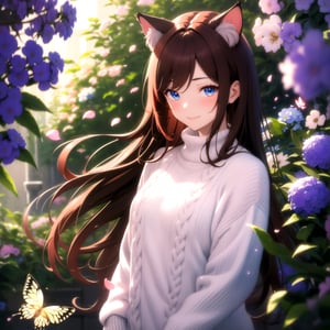 masterpiece, best quality, highres booru, 1girl, solo, depth of field, rim lighting, flowers, petals, crystals, butterfly, scenery, upper body,
raifu, dark red hair, straight hair, long hair, blue eyes, cat ears, (medium breasts:0.8), mature female, white sweater, blush, slight smile,