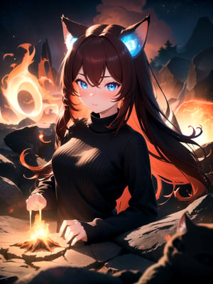 masterpiece, best quality, highres, 1girl, solo, scenery, bioluminescence, depth of field, rim lighting, fire, magma, elemental, swirling soul lights, magic, raifu, dark red hair, blue eyes, straight hair, cat ears, white sweater, (medium breasts:0.8), mature female, blush,highres,booru,raifu