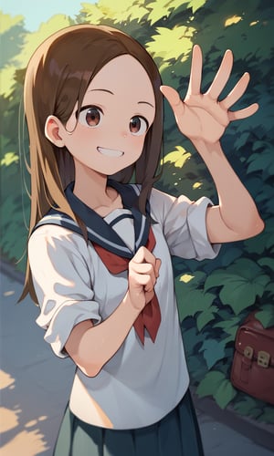 score_9, score_8_up, score_7_up, score_6_up, score_5_up, score_4_up, BREAK 1girl, solo, takagi-san, school uniform, white shirt, waving, light smile,