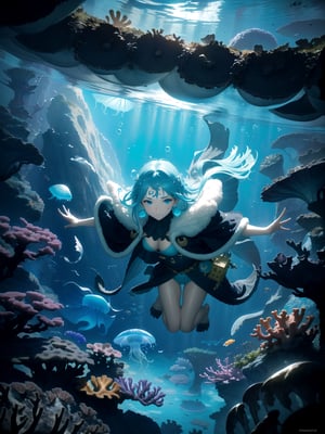 1girl, colossal, facial mark, light particles, depth of field, dark seas, water, underwater, sea foliage foreground, colorful, underwater cave, dripstone, stalactite, stalagmite, pirate hat, buccaneer, fur-trimmed cape, hoop earrings, corals, sea anemone, sea weed, coral reef scenery, golden treasure, golden pile, water caustics, glowing jellyfish, bubbles, treasure chest, from above, close-up, highres,