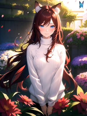 masterpiece, best quality, highres booru, 1girl, solo, abstract,
scenery, depth of field, rim lighting, flowers, petals, butterfly, vegetation,
raifu, dark red hair, straight hair, blue eyes, cat ears, blush,
(medium breasts:0.8), mature female, white sweater, slight smile,