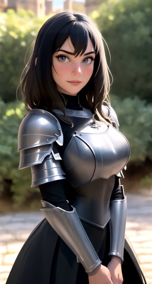 centered, upper body, award winning upper body portrait, (detailed face), (beautiful detailed eyes:1.2), | solo, knight woman, (black knight tight armor), symetrical and detailed armor, | fantasy town, medieval, european street, | bokeh, depht of field, | hyperealistic shadows, smooth detailed, blurred background,cassdawnlvl1