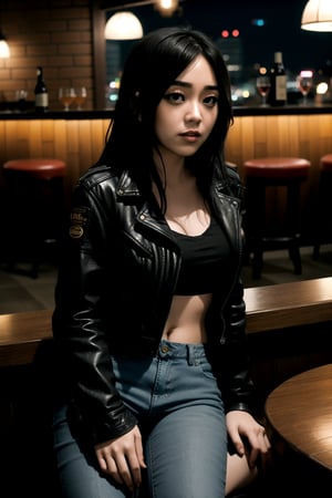 centered, photorealistic, analog photography, photography, full body, (beautiful detailed eyes), | solo, woman, black open leather jacket, midriff peak, lowrise jeans, barefoot, | indoors, bar, fancy restaurant, night time, | bokeh, depht of field, | hyperealistic shadows, smooth detailed, blurred background | ,kimikomiyav01, photorealistic, 