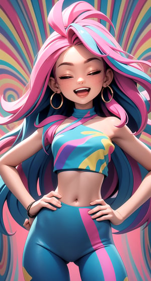 (masterpiece, best quality), 1girl, closed eyes, open mouth, teeth, upper body, bare shoulders, tube top, navel midriff, lowleg leggins, | hands on hips, abstract, (psychedelic), 3DMM