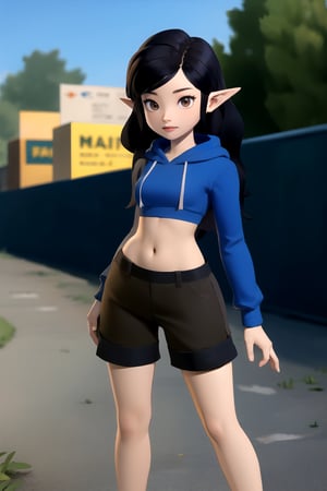 centered, 3d, 3d model, n64style, ocarinaoftime, majorasmask, masterpiece, face portrait, | young adult woman, | blue crop top hoodie navel length, lowleg shorts, snicker, | market, outdoors, city, | black hair, wavy hair, (dark brown eyes), | so-hyun.lvl2