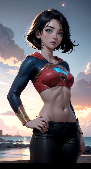 centered, masterpiece, korean supergirl, lowleg black shorts, midriff, navel, wet body in the beach, rainbow in the sky, natural skin texture, soft cinematic light, adobe lightroom, photolab, hdr, intricate, elegant, highly detailed, sharp focus, (cinematic look), soothing tones, insane details, intricate details, hyperdetailed, low contrast, soft cinematic light, dim colors, exposure blend, hdr, faded, cartoon, (detailed cloudscape:1.1), beautiful face, beautiful eyes, fantasy, dreamlike, unreal, science fiction, perfect light, red moon, | ,yihyun