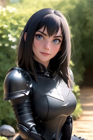 centered, upper body, award winning upper body portrait, (detailed face), (beautiful detailed eyes:1.2), | solo, knight woman, (black knight tight armor), symetrical and detailed armor, | fantasy town, medieval, european street, | bokeh, depht of field, | hyperealistic shadows, smooth detailed, blurred background,cassdawnlvl1