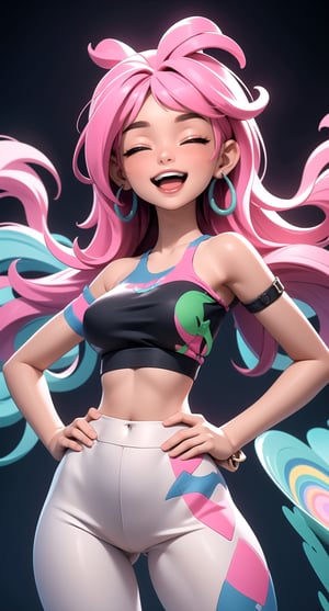 (masterpiece, best quality), 1girl, closed eyes, open mouth, teeth, upper body, bare shoulders, tube top, navel midriff, lowleg leggins, | hands on hips, abstract, (psychedelic), 3DMM